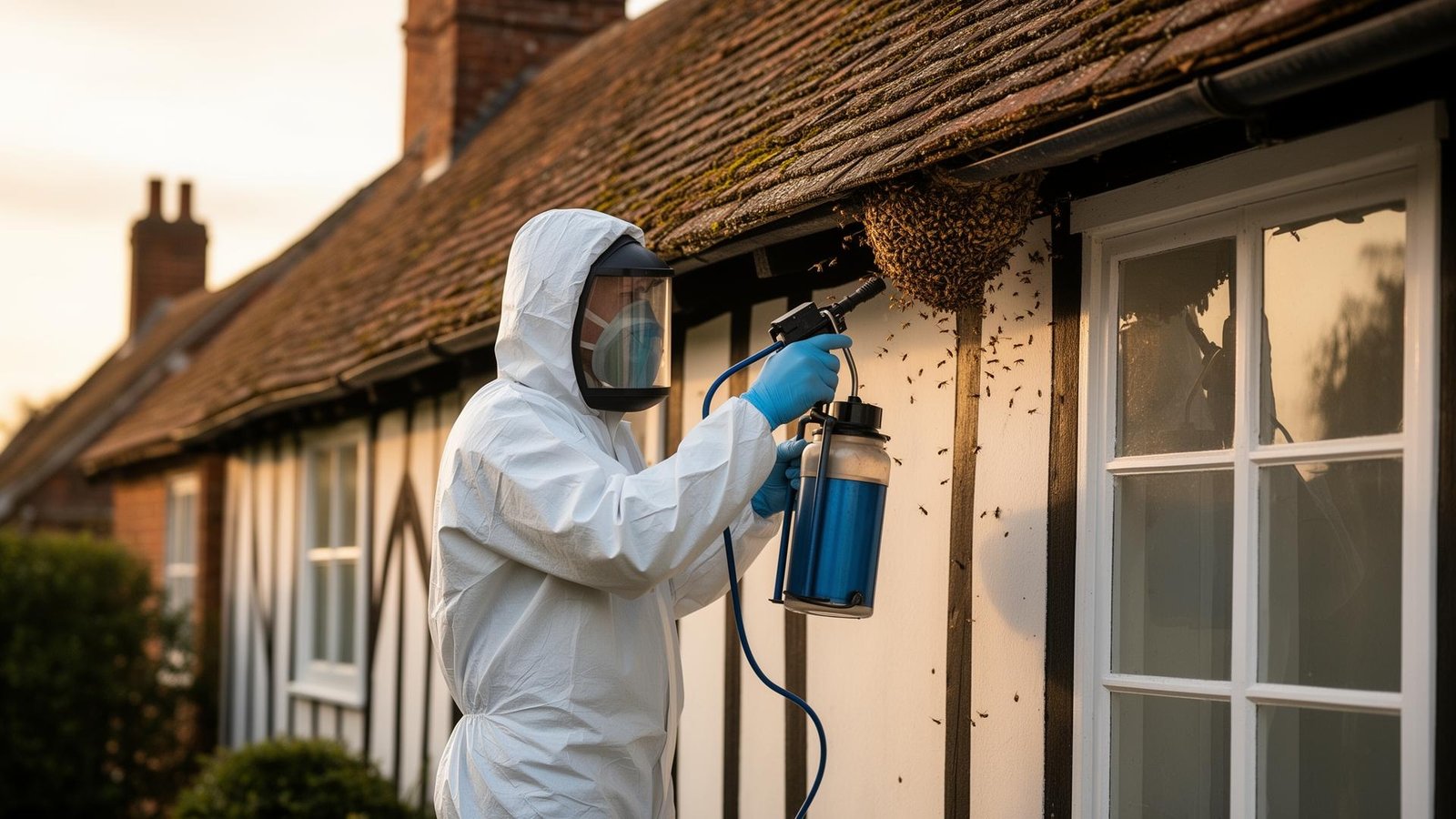 Pest control technician treating a wasp nest under the eaves of a house