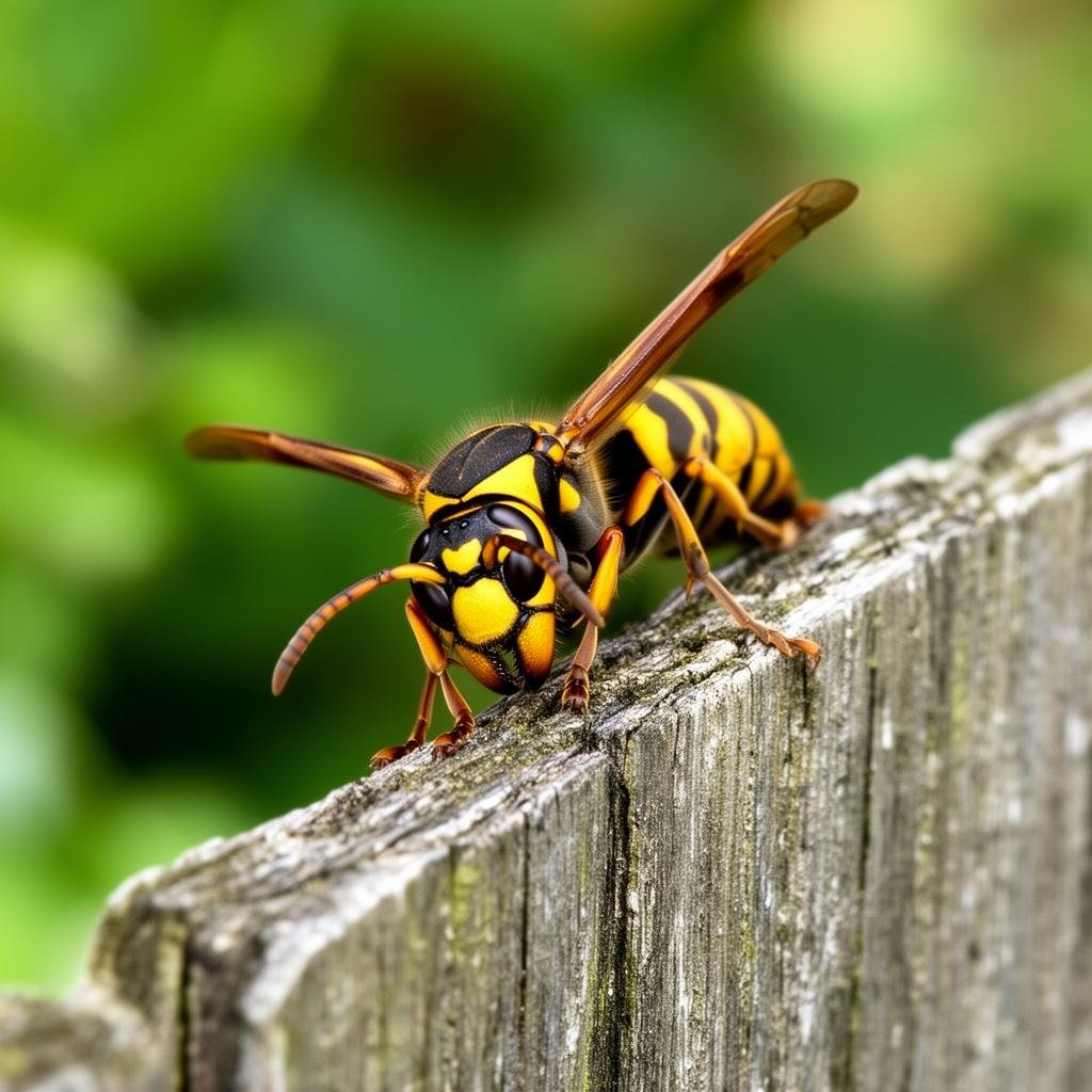 Close-up of a common wasp on a wooden garden fence